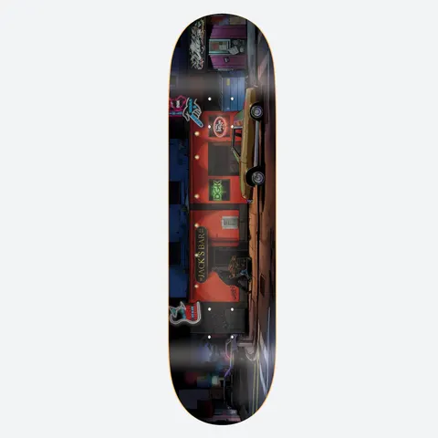 DGK Jacks Place Curtin 8.25 skateboard deck: Night-time comic-style street scene of a red bar front with neon signs and a Jack's Bar sign, a yellow car parked alongside and a figure in the doorway. DGK sign glows green on the facade.