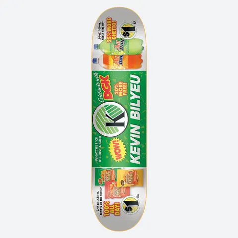 DGK Just a Buck Bilyeu 8.06 skateboard deck: A parody supermarket price banner in green, white and orange with a K circle logo, bottles of fizzy drink and bags of crisps, dollar price tags and shouty slogans, with the rider name in large letters.