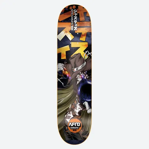 DGK Justice skateboard deck: Anime-style Afro Samurai figure in a brown hat and cloak aiming a large revolver at the viewer, against an orange sunset sky with huge Japanese characters. Afro Samurai and DGK logo at the tail.