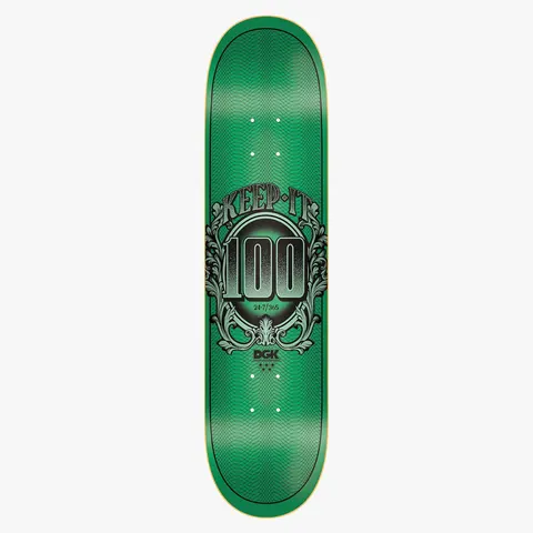 DGK Keep it 100 8.06 skateboard deck: Green banknote-style design with fine guilloche line patterns. An ornate scrolled frame holds a large 100 beneath Keep It, with 24-7/365, the DGK logo and three stars below.