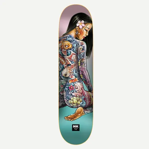 DGK Koi 8.25 skateboard deck: Painted woman seen from behind, kneeling with a barefoot pose and a pink flower in her black hair, her back and arms covered in a colourful Japanese koi, wave and lotus tattoo. Small DGK logo at the tail.