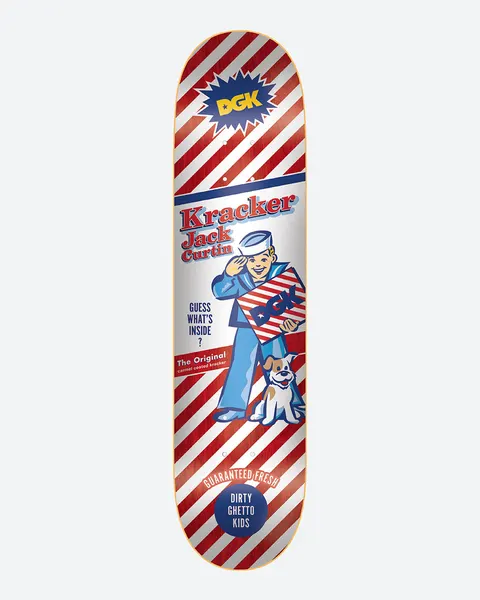 DGK Kracker Curtin 8.25 skateboard deck: Parody of a retro snack box: a saluting sailor boy holding a striped DGK box beside a puppy, on diagonal red and white stripes. 'Kracker Jack Curtin' in red lettering with 'Guess what's inside?' and a 'Dirty Ghetto Kids' badge.
