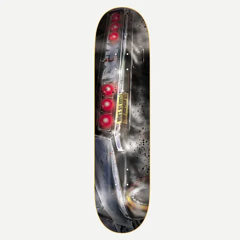 DGK Leave a Message Kalis 7.8 skateboard deck: Close-up airbrushed-style image of a car's rear end, with glowing red tail lights, chrome bumper and drifting smoke with black splatter. A yellow tape-style label reads HOW'S MY HUSTLE with a phone number.