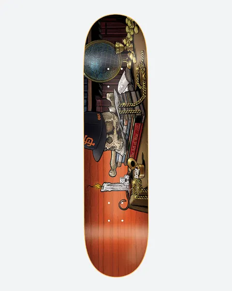 DGK Life Curtin 8.25 skateboard deck: A still life on a wooden table: a skull wearing a black baseball cap, a globe, stacked books including The Art of War, gold chains, coins, dice and a lit candle, with bookshelves behind.