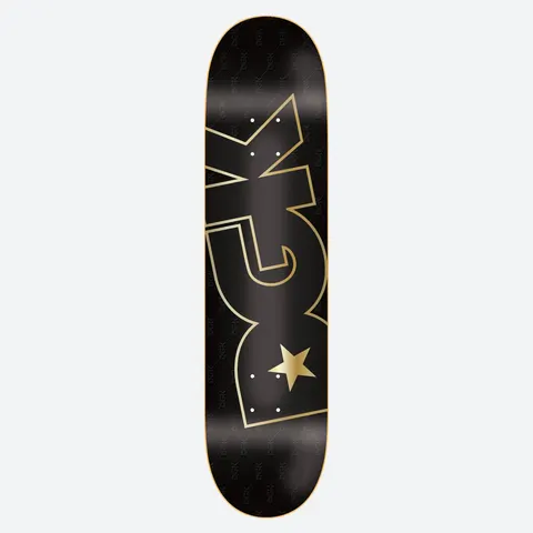 DGK Limo Embossed skateboard deck: A huge gold-outlined DGK logo with a gold star, running the length of a glossy black deck over a faint repeating DGK pattern.