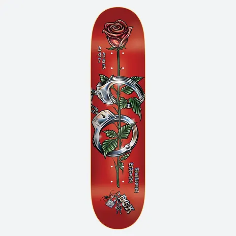 DGK Locked Ortiz 8.1 skateboard deck: Long-stemmed red rose entwined with silver handcuffs, with tattoo-style gloss shading on a red deck. Gothic lettering for the rider name, 24/7 365 at the upper left and a padlock with keys and DGK logo at the bottom.