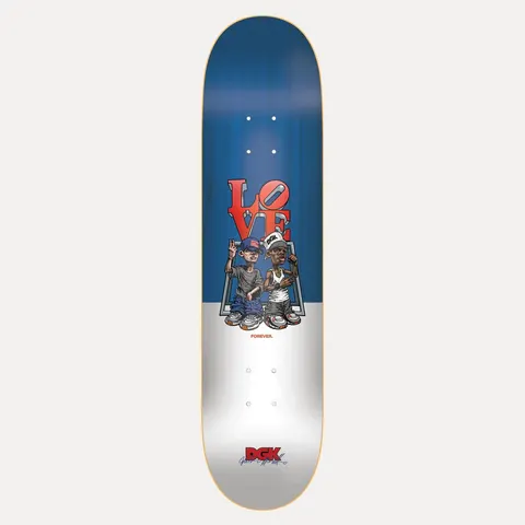 DGK Love Forever 8.25 skateboard deck: Cartoon illustration of two young men in baggy clothes and trainers posing in front of a red LOVE sculpture, on a deck split blue at the top and white below. The word Forever and a DGK logo sit underneath.