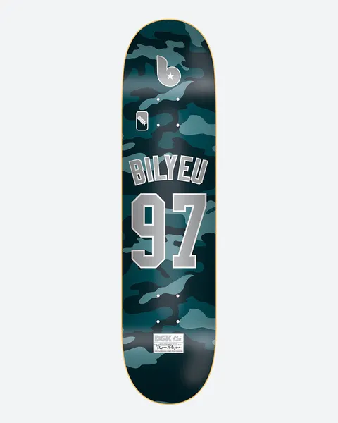 DGK Major League 3 Bilyeu skateboard deck: Teal and black camouflage pattern with a sports jersey style Bilyeu name and large number 97 in silver, a small b star logo at the top and a DGK label near the tail.