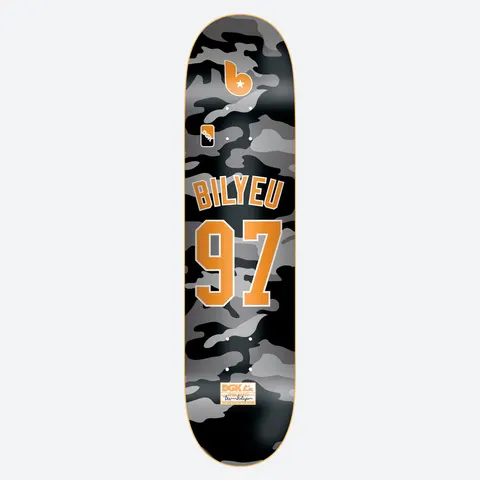 DGK Major League Orange Bilyeu skateboard deck: Black and grey camouflage deck with a baseball-jersey style orange 'BILYEU 97' and a small orange B emblem with a star at the top. DGK label and signature at the bottom.