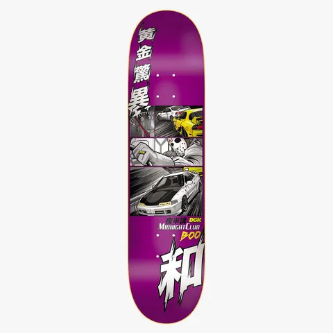 DGK Midnight Club Boo 8.5 skateboard deck: Manga-style comic panels on purple showing racing cars, a tachometer and a hockey-masked driver, with large Japanese characters at the top and bottom. 'Midnight Club' and 'BOO' text beside the DGK logo.
