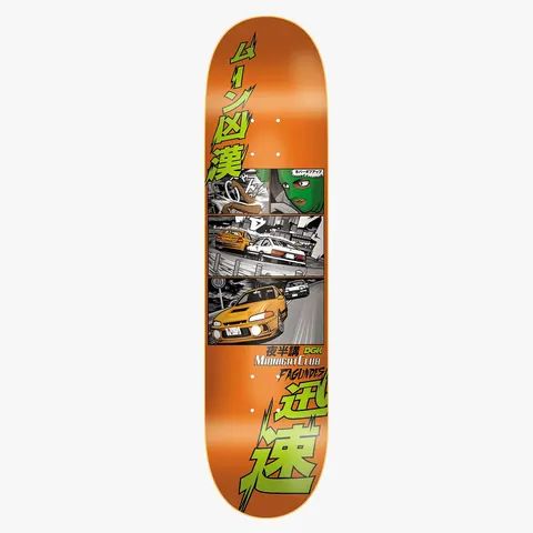 DGK Midnight Club Fagundes 8.25 skateboard deck: Orange deck with a manga-style comic strip of three panels showing street-racing cars on a night road and a green-masked driver. Large green Japanese characters with lightning-bolt edges run above and below, with the logo and rider name beneath.