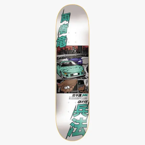 DGK Midnight Club Quise 8.25 skateboard deck: White deck with a manga-style comic strip of a teal sports car racing through a city at night, with a purple car behind, and a panel of a hand rolling dice beside a man's face. Large teal Japanese characters run top and bottom.