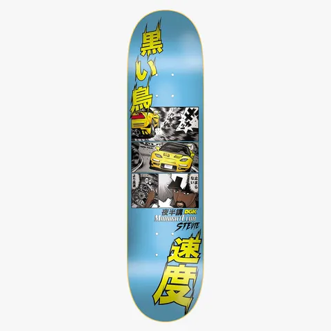 DGK Midnight Club Stevie 7.9 skateboard deck: Manga-style comic panels of a yellow sports car drifting at speed and a driver in a fur hat, with large yellow Japanese characters and the DGK Midnight Club logo on a light blue deck.