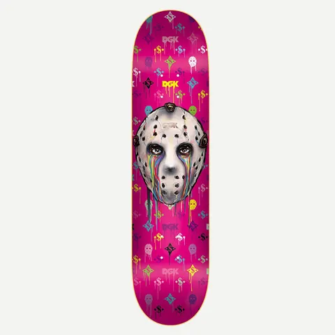 DGK Monogram 8.06 skateboard deck: Painted hockey-style mask with rainbow tears running from its eyes, centred on a hot pink deck patterned with small dripping DGK dollar-sign monograms and mask icons.