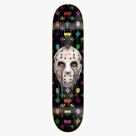 DGK Monogram Lenticular skateboard deck: Pale hockey-mask face with rainbow tears running down it, on a black deck covered with a repeating pattern of dollar signs, diamonds, small masks and dripping paint in bright colours, plus DGK logos.