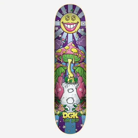 DGK Moonshine 8.5 skateboard deck: Psychedelic scene of a dollar-eyed smiling sun over a dripping pink mushroom growing from a cratered moon, flanked by two green-haired mermaid-like figures, with stars and clouds on purple sunburst rays. DGK Low Drip logo at the bottom.