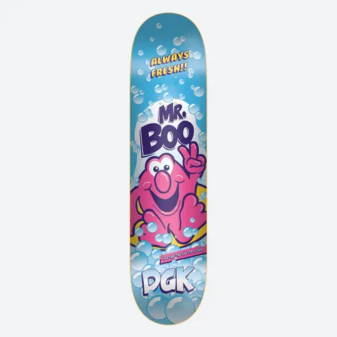 DGK Mr Boo 8.06 skateboard deck: Smiling pink blob mascot making a peace sign among soap bubbles on a light blue deck, in the style of a cleaning-product advert, with the DGK logo in bubbles at the bottom.