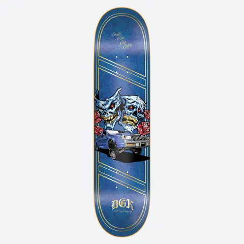 DGK Night Moves 8.38 skateboard deck: Blue deck with gold pinstripe borders and floral pattern, showing comedy and tragedy-style skull masks with red dice above a blue lowrider car with raised wheels. DGK logo in gold at the tail.