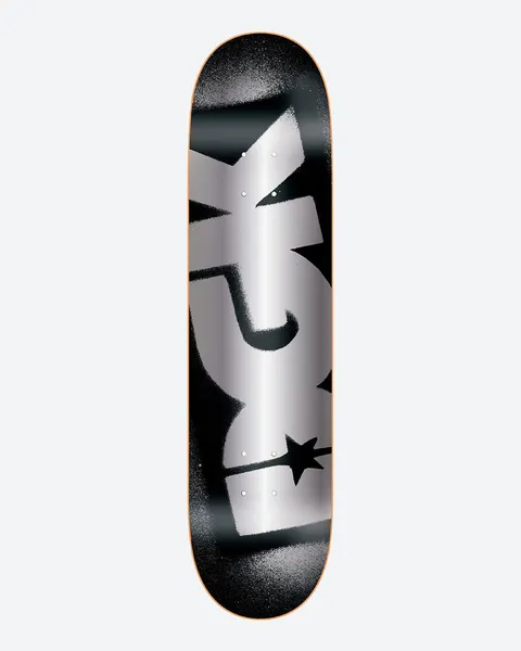 DGK OG Logo Foil skateboard deck: Large silver foil DGK letters with a star, spray-painted stencil style, sideways along a black deck with soft grey spray edges.