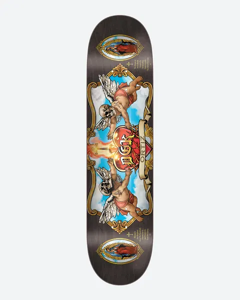 DGK Oracion Ortiz 8.06 skateboard deck: Ornate gold-framed panel showing two winged cherubs with skull heads, either side of a flaming sacred heart with a dagger and DGK banner, against blue sky. Small framed religious portraits at top and bottom on a black deck.