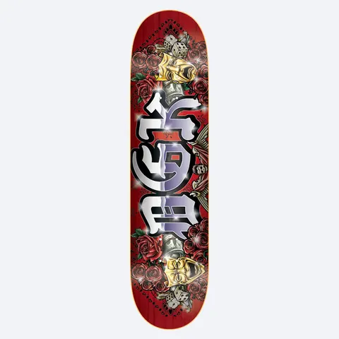 DGK Our Life 8.5 skateboard deck: Chrome blackletter DGK lettering with sparkles, surrounded by red roses, gold comedy and tragedy masks, dice and rolled banknotes on a red deck.