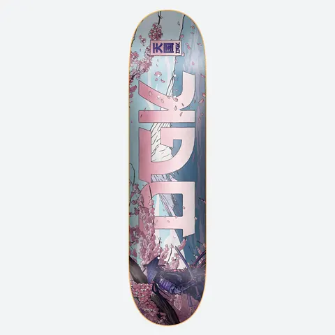 DGK Overlord skateboard deck: Large pink DGK letters in Japanese-inspired styling over a cherry blossom scene with a misty mountain and a samurai in armour at the bottom. A small kanji and DGK label sits at the top.