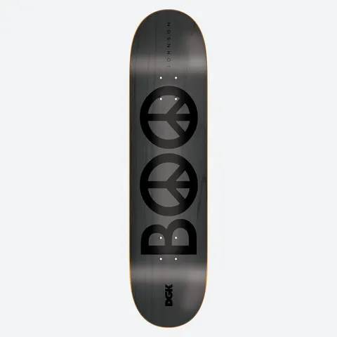 DGK Peace Boo 8.25 skateboard deck: Large black lettering spelling BOO, with the two Os drawn as peace symbols, tone on tone over a dark grey stained deck. Small rider surname runs vertically above and the DGK logo sits at the tail.