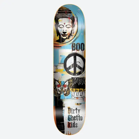 DGK Piece of Mind Boo 8.25 skateboard deck: Graffiti-style collage of a Buddha head, a peace sign and a skull-winged butterfly with stencil lettering and paint splashes on a blue, white and yellow ground.