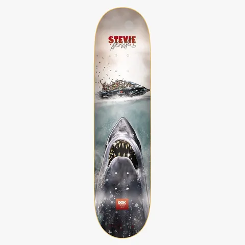DGK Predator Stevie 8.25 skateboard deck: Parody of a famous shark film poster: a great white shark with open jaws rises from the water toward a jet ski full of screaming riders, under a cloudy sky. Rider name and signature at top, DGK logo at the bottom.
