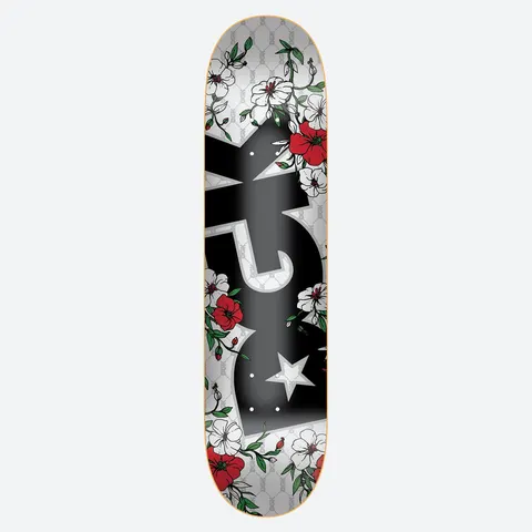 DGK Premium White 8.5 skateboard deck: Large black DGK logo with a star, surrounded by white and red blossoms with green leaves, on a silver monogram-patterned background.