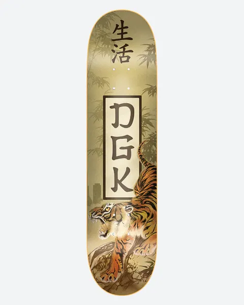 DGK Protector skateboard deck: Painted snarling tiger climbing a rock in front of bamboo and a faint city skyline, on a gold-beige background. A boxed DGK logo in Japanese-style lettering sits in the middle with kanji above.