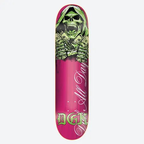 DGK Reap 8.5 skateboard deck: Hooded green skeletal reaper clutching fistfuls of hundred-dollar bills, with a DGK logo between its hands, on a pink deck. White script text runs up the side and DGK appears in green gothic lettering at the tail.