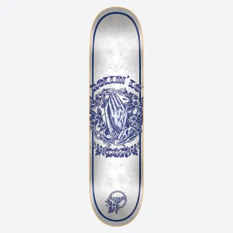 DGK Rollin Lo 8.25 skateboard deck: Praying hands wrapped in chains and surrounded by flowers, drawn in blue tattoo-style linework on a white deck with a blue border and gothic lettering. A small chained steering wheel appears at the tail.