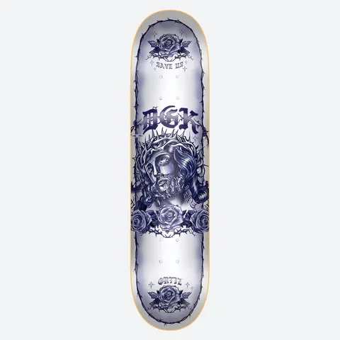 DGK Save Us Ortiz 8.5 skateboard deck: Blue-toned tattoo-style illustration of a thorn-crowned figure's face with roses and barbed wire, under blackletter DGK lettering. Save Us at the top, Ortiz at the bottom, on a white deck.