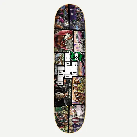 DGK Scrapbook 8.25 skateboard deck: A comic-panel collage in the style of a video game cover, with illustrated street scenes including a woman holding cash, a masked figure, cars and crowds. The Dirty Ghetto Kids logo sits at the centre.