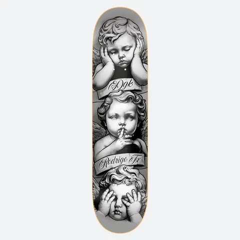 DGK Shhh TX 8.1 skateboard deck: Three grey monochrome cherubs stacked vertically, one asleep with hands to its cheek, one with a finger to its lips, one covering its eyes. Script banners across them read DGK and Rodrigo TX.