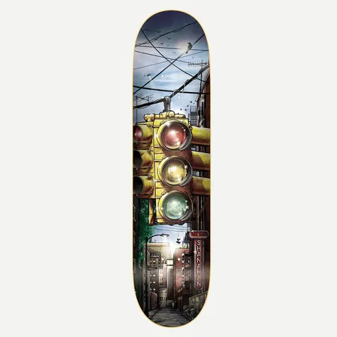 DGK Signals Shanahan 7.9 skateboard deck: Illustrated dusk city alley with a large yellow traffic light in the foreground, power lines, a crow and a moon overhead, and a red vertical neon sign reading the rider's name.