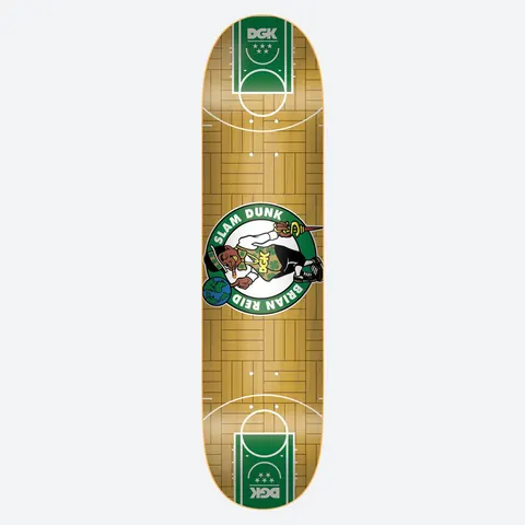 DGK Slam Dunk Reid skateboard deck: A basketball court layout in parquet wood with green key areas and DGK logos at each end, with a central green roundel featuring a cartoon leprechaun-style mascot spinning a globe, ringed with 'Slam Dunk' and 'Brian Reid'.