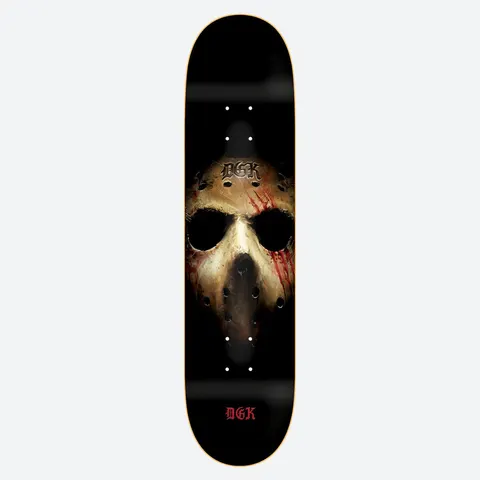 DGK Slasher skateboard deck: A close-up of a weathered, blood-streaked hockey mask with the DGK name on its forehead, emerging from a black background. A small red DGK logo sits at the tail.