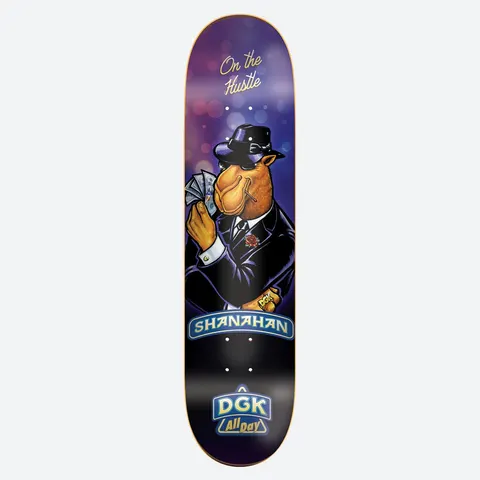 DGK Smooth Shanahan 8.38 skateboard deck: Camel in a fedora, sunglasses and dark suit with a rose buttonhole holds a hand of playing cards against a purple bokeh background. Script tagline at the top, rider name on a blue banner and DGK All Day logo at the tail.