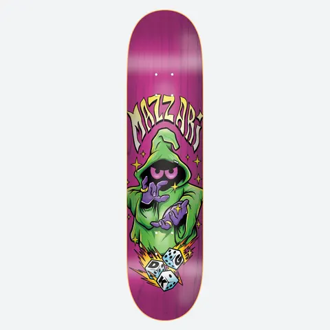 DGK Sorcery Mazzari 8.38 skateboard deck: A cartoon hooded sorcerer in a green robe with glowing pink eyes and purple hands casts a spell over a trio of dice marked 'DGK', beneath chrome 'Mazzari' lettering, with yellow sparkles on a magenta-stained board.