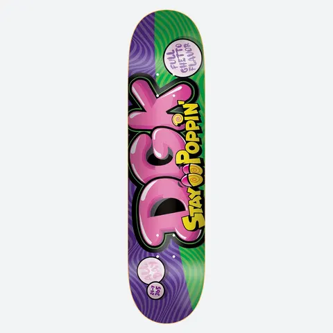 DGK Stay Poppin skateboard deck: Bubblegum-style pink lettering spelling DGK with yellow STAY POPPIN' text, on a purple and green split background with swirling hypnotic patterns. Two small pink bubble badges read Full Ghetto Flavor and All Day 24-7 365.