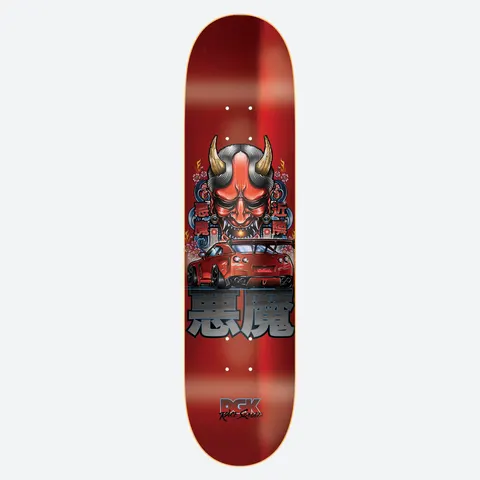 DGK Street Demon Foil 8.25 skateboard deck: Red foil deck showing a horned red oni demon mask above a red sports car with a rear wing, flanked by cherry blossoms and Japanese characters. Large kanji beneath and DGK Race Squad logo at the tail.
