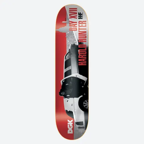 DGK Street Soldier Harold Hunter skateboard deck: Black and white photo of a long white limousine with a figure standing beside it, set against a New York skyline with the Empire State Building, on a red ground. Rider name and Roman numeral run up the board; DGK logo at the tail.