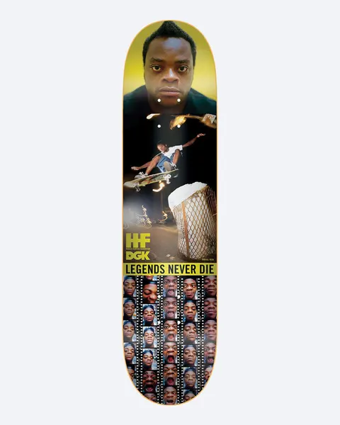 DGK Street Soldier HHF2 / Reda 8.25 skateboard deck: Photographic collage: a portrait of a man on yellow at the top, an action shot of a skater ollieing past a bin at night, and a film strip of face photos at the bottom. HHF and DGK logos with Legends Never Die.
