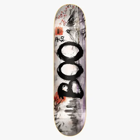 DGK Sumi Boo 8.5 skateboard deck: Ink-wash painting style graphic with large black brushstroke lettering reading BOO, a cityscape, cherry blossom branch and red sun, plus Japanese characters and a small DGK logo.