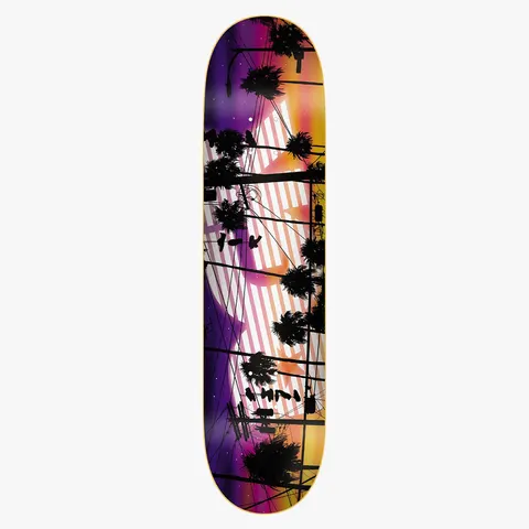 DGK Sunset Twilight skateboard deck: Black silhouettes of palm trees and tangled power lines against a purple to orange twilight sky, with a faint pink and white striped logo shape behind them.