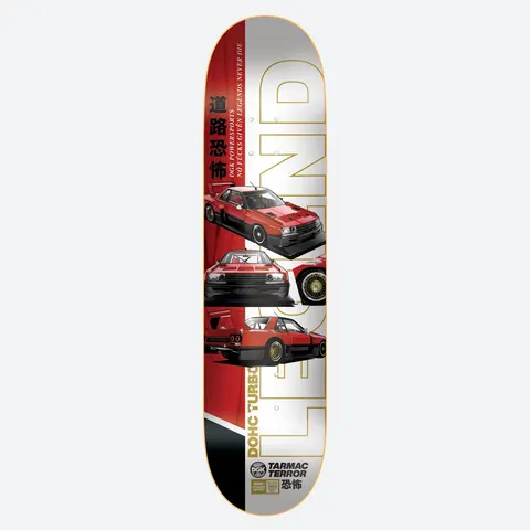 DGK Tarmac Terror skateboard deck: Red, white and black deck showing three views of a red Japanese sports car with wide arches, with large gold outlined 'Legend' lettering down the board and Japanese characters. Logo at the tail.