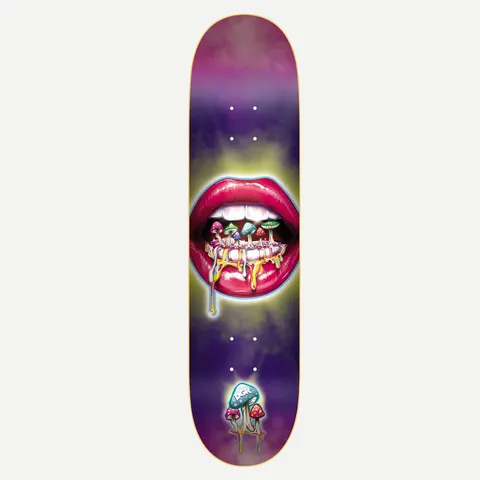 DGK Tasty 8.06 skateboard deck: Airbrushed glossy pink lips and teeth with small colourful mushrooms growing between them and dripping yellow, on a purple and green glowing haze. A cluster of mushrooms with a DGK logo sits near the tail.