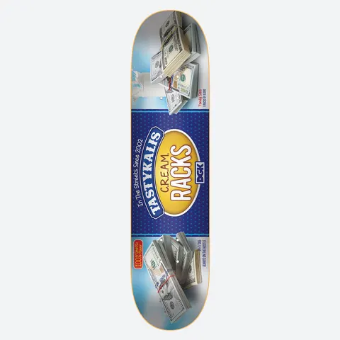 DGK Tasty Kalis 8.0 skateboard deck: A parody of a cream-cheese tub label: a blue panel with a yellow oval reading C.R.E.A.M. RACKS and a Tasty Kali's banner, with stacks of hundred-dollar bills at both ends of the deck against a pale blue background.